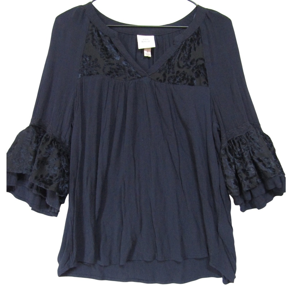 Knox Rose Blouse Women Medium Navy Blue Excellent Velvet Burnout‎ Ruffle Sleeve